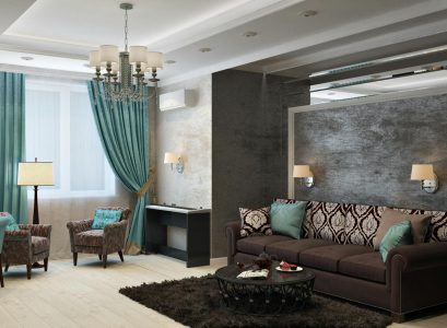 Luxurious modern living room with chandelier, sofa, armchairs, and stylish decor.