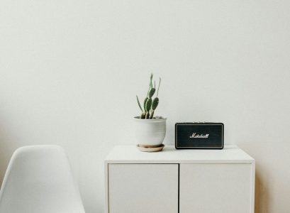 black Marshal speaker on white table